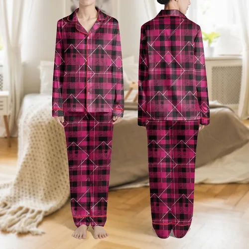 Women's Bold Hot Pink Black White Irregular Plaid Intersecting Bands Geometric Pattern Satin Pajamas Set