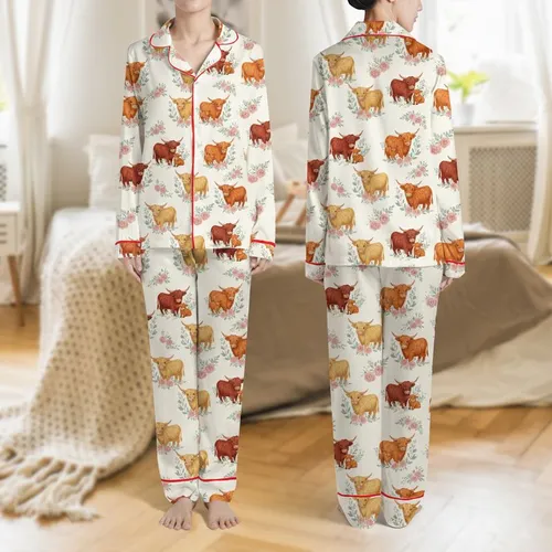 Women's Whimsical Highland Cow Rust Golden Pastel Floral Cream Pattern Satin Pajamas Set