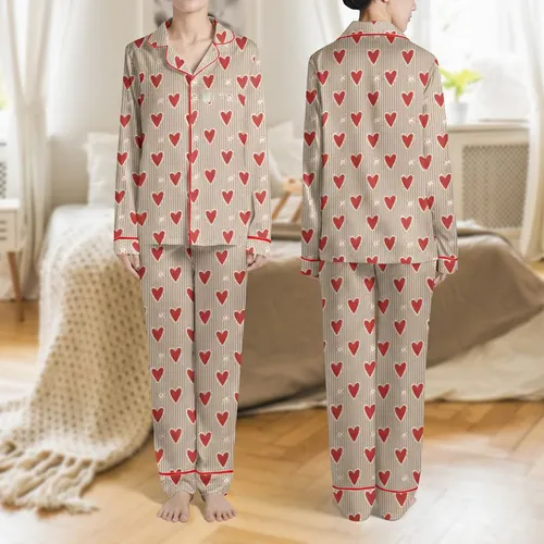 Women's Cozy Muted Beige Hand-Drawn Red Heart Scattered Pattern Taupe Vertical Stripes Off-White Scalloped Lace Satin Pajamas Set