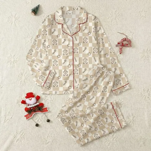 Women's Light Beige Off-White Checkerboard with Whimsical Dark Chocolate Gingerbread Men, Star Cookies, Candy Canes Satin Pajamas Set