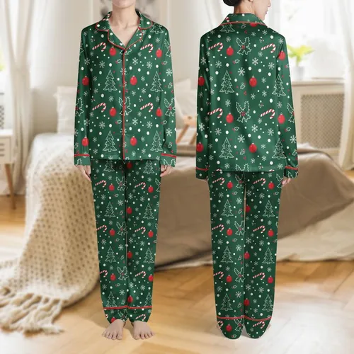 Women's Deep Forest Green Festive Snowflake Candy Cane Holly Ornament Pattern Satin Pajamas Set