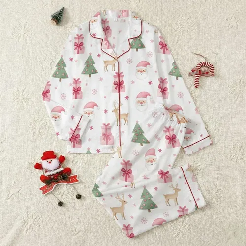 Festive Adults' Blush Pink Fuchsia Whimsical Watercolor Santa Reindeer Gift Box Snowflake Pattern Satin Pajamas Set
