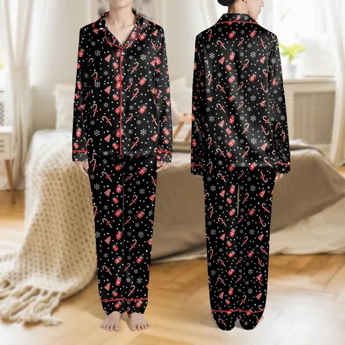 Women's Black Flat Graphic Red-White Striped Candy Cane Christmas Gift Box Snowflake Star Pattern Satin Pajamas Set