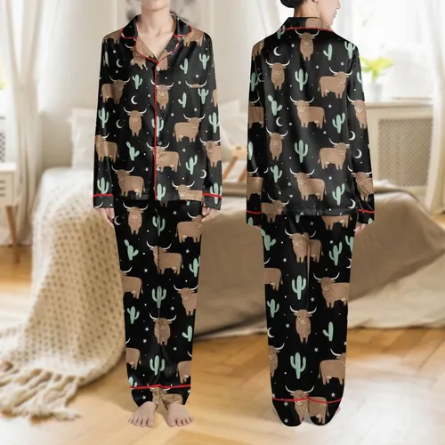 Women's Whimsical Light Brown Highland Cow & Pale Mint Cactus Black Starry Night Pattern Satin Pajamas Set