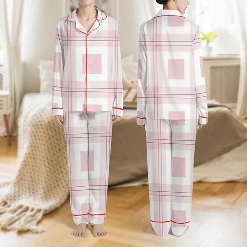 Women's Soft Pastel Pink White Black Illustrative Geometric Plaid Herringbone Grid Satin Pajamas Set