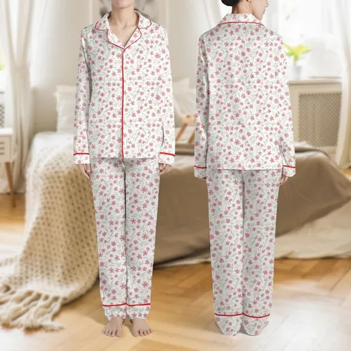 Women's Dainty Vintage Dusty Rose Mauve Wildflower Sage Green Leaf Pattern Satin Pajamas Set