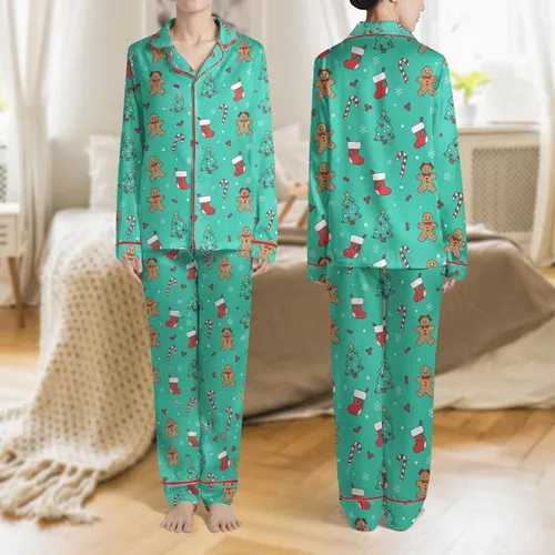 Women's Cheerful Turquoise Green Gingerbread Men Christmas Trees Candy Canes Illustrative Holiday Design Satin Pajamas Set