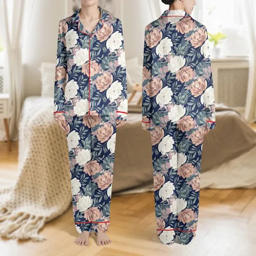 Women's Elegant Painterly Floral Peach Dusty Rose Navy Slate Seamless Pattern Satin Pajamas Set