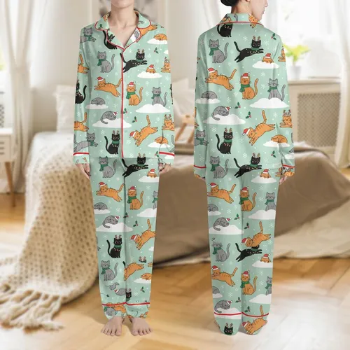 Women's Flat Illustrative Festive Cartoon Cats, Santa Hats & Reindeer Antlers on Mint Green Satin Pajamas Set