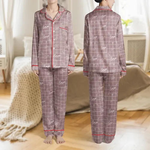 Women's Gentle Dusty Pink White Plaid Hand-Drawn Love Script Hearts Floral Design Satin Pajamas Set