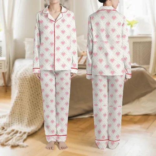 Women's Plush Creamy White Cable Knit Texture with Gentle Light Pink Hearts Pattern Satin Pajamas Set