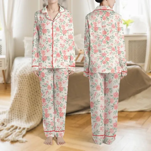 Women's Soft Pink Peach Watercolor Rose Floral Sage Green Stripe Pattern Satin Pajamas Set