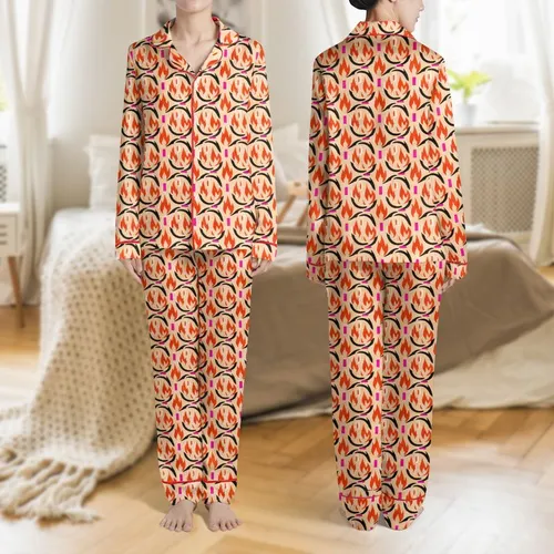 Women's Warm Light Beige Abstract Flame Wave Pattern with Fiery Red, Bright Orange, Black, Pale Apricot & Vivid Magenta Satin Pajamas Set