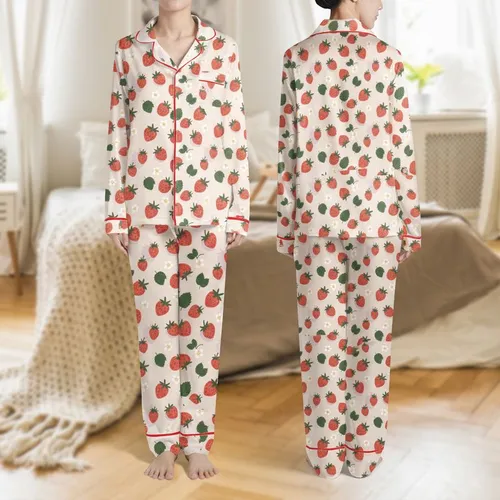 Women's Cream Pink Whimsical Scattered Red Strawberry Blossom & Leaf Pattern Satin Pajamas Set