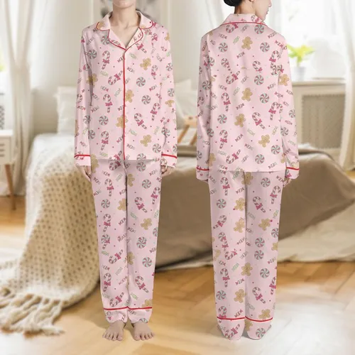 Women's Seamless Light Pink Whimsical Fuchsia Mint Green Candy Cane Peppermint Gingerbread Pattern Satin Pajamas Set