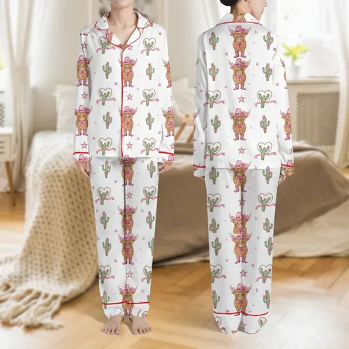 Women's Whimsical Bubblegum Pink Bow Highland Cow Cactus & Sheriff Star All-Over Pattern Satin Pajamas Set