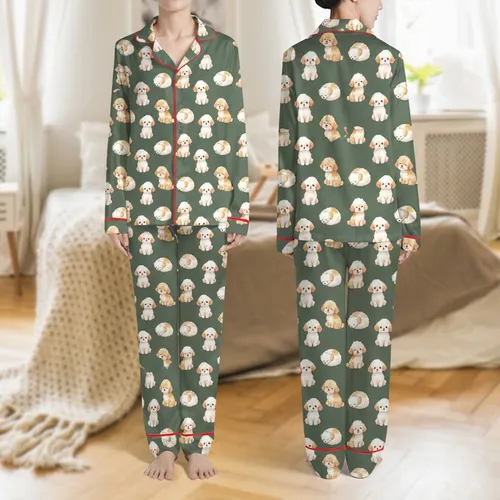 Women's Adorable Fluffy Small Dogs Cream Beige Olive Green Watercolor Illustrative Pattern Satin Pajamas Set