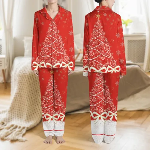 Women's Vivid Red Elegant Christmas Tree Gold Filigree Swirls White Snowdrift Design Satin Pajamas Set