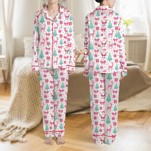 Holiday Enthusiasts' Cute Cartoon Hot Pink Santa Teal Aqua Tree Reindeer Gift Box Festive Holiday Pattern Satin Pajamas Set
