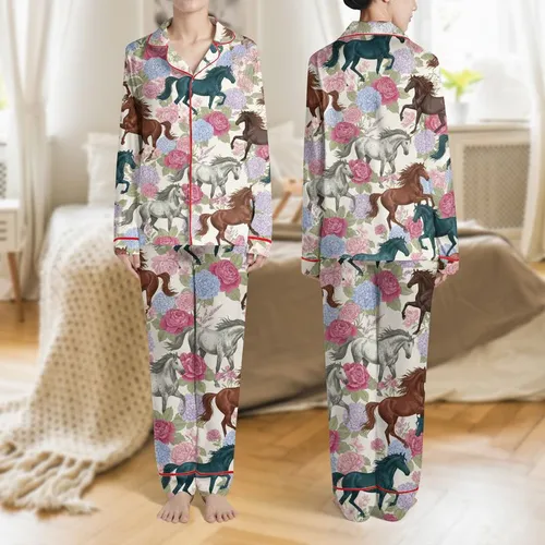 Women's Painterly Galloping Horse & Peony Rose Wildflower Fuchsia Teal Pattern Satin Pajamas Set
