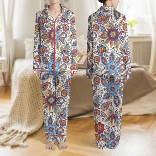 Women's Intricate Vintage Floral Paisley Periwinkle Vermilion Golden Yellow Deep Purple Pattern Satin Pajamas Set