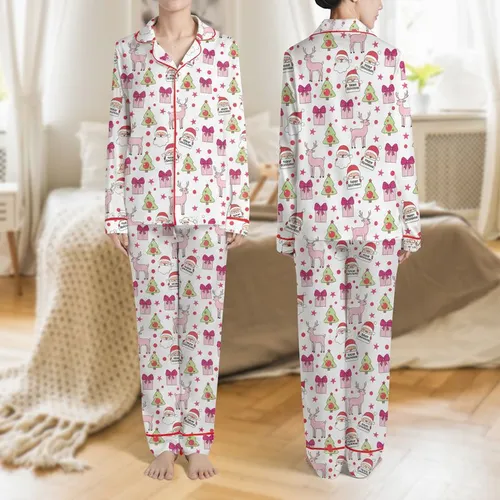 Women's White Holiday Cartoon Santa Deer Gift Box Fuchsia Pink Red Christmas Tree Stars Pattern Satin Pajamas Set