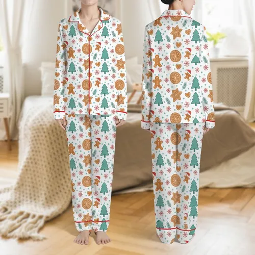 Women's Whimsical Gingerbread Men, Teal Trees, Red Snowflakes & Blue Dot Holiday Print Satin Pajamas Set