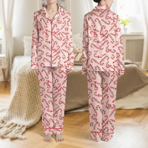 Women's Whimsical Red Mint Candy Cane Repeating Pattern on Soft Baby Pink Satin Pajamas Set