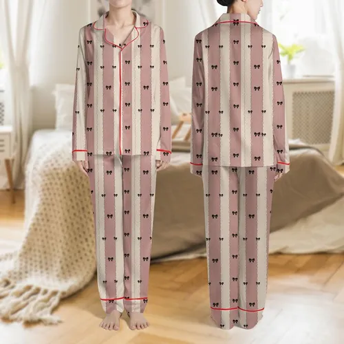 Women's Cozy Feminine Dusty Rose & Oatmeal Vertical Ribbed Stripe with Black Bow & Ruffle Accents Satin Pajamas Set