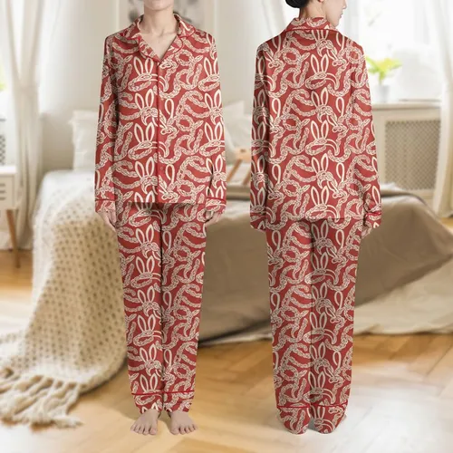 Women's Vibrant Warm Red Cable Knit Texture & Creamy Beige Abstract Bunny Ear Flow Satin Pajamas Set
