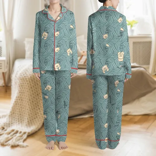 Cozy Style Enthusiasts' Muted Teal Cable Knit Texture with Playful Beige Cartoon Bears & 'HELLO BEAR' Text Satin Pajamas Set