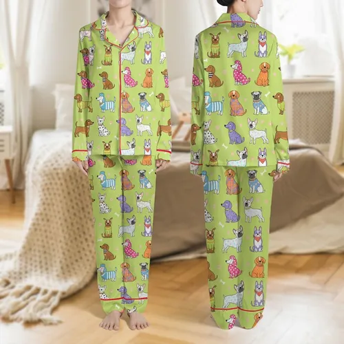 Women's Playful Dog Breeds Polka Dots Stripes Lime Green Hot Pink Hearts Illustrative Pattern Satin Pajamas Set
