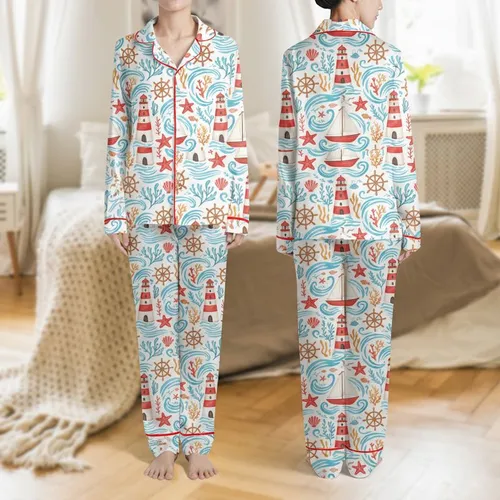 Women's Whimsical Watercolor Nautical Pattern: Red Lighthouses, Bright Blue Waves, Golden Starfish, Sailboats, Coral, Seagulls Satin Pajamas Set