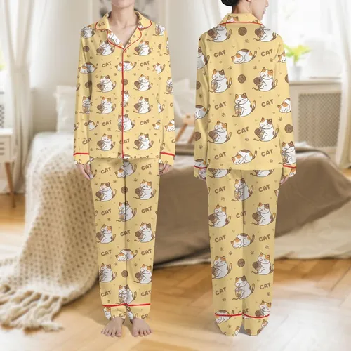 Cat Lovers' Kawaii Calico Cats Boba Tea Yarn Play Napping Pattern Muted Yellow Taupe Satin Pajamas Set