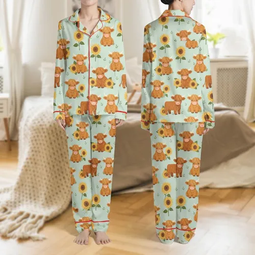 Women's Playful Shaggy Highland Calves & Bright Sunflower Meadow Print on Soft Mint Green Satin Pajamas Set