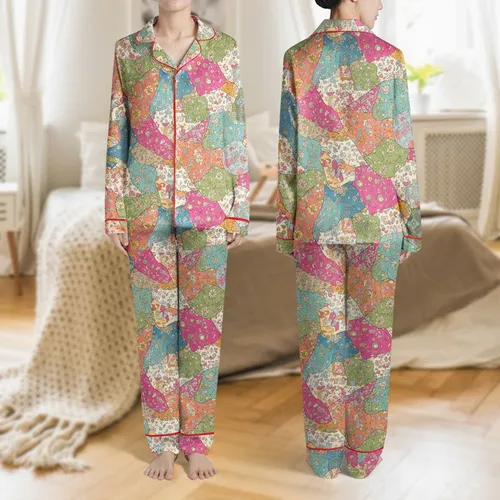 Women's Bohemian Maximalist Patchwork Quilt Floral Paisley Damask Design in Pastel Rose & Deep Indigo Satin Pajamas Set