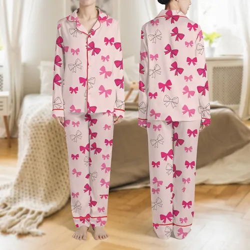Women's Whimsical Fuchsia Hot Pink Magenta Bows with Crisp Black Outlines on Soft Blush Pink Satin Pajamas Set
