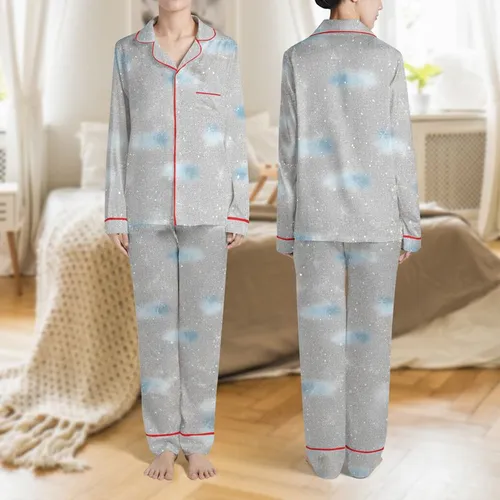 Women's Heather Grey Textured Subtle Snowfall & Ice Crystal Pattern Muted Blue Hues Satin Pajamas Set