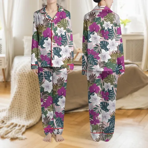 Women's Blush Pink Painterly Botanical Print Lilies Orchids Tropical Foliage Fuchsia Violet Emerald Teal Satin Pajamas Set