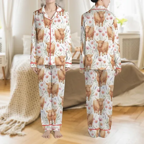 Cottagecore Fans' Fluffy Highland Cow Watercolor Wildflower Meadow in Pink, Green, Brown Satin Pajamas Set