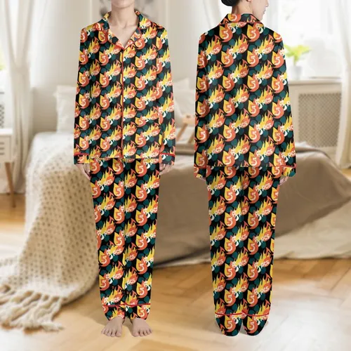 Dynamic Style Seekers' Bold Black Abstract Yellow Orange Flame Muted Teal Coral Blob Pink Five Pcs Art Satin Pajamas Set