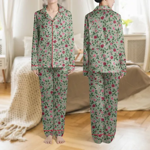 Women's Whimsical Cottagecore Floral Print Ruby Red & Fuchsia Rosebuds Sage Green Satin Pajamas Set
