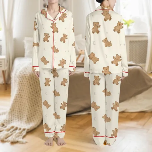 Women's Whimsical Hand-Drawn Mid-Brown Teddy Bear & Faded Taupe Star Moon Seamless Pattern on Cream Satin Pajamas Set