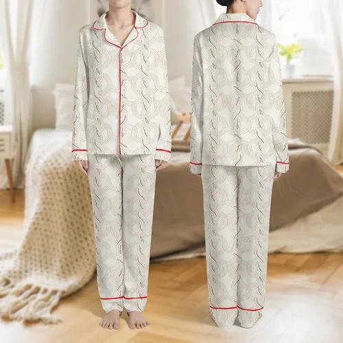 Women's Cozy Off-White Pale Beige Interwoven Cable Knit Seamless Pattern with Fine Black Line Detail Satin Pajamas Set
