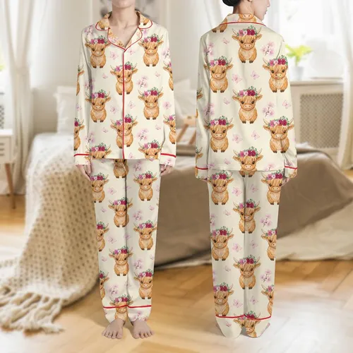 Women's Whimsical Baby Highland Cow Fuchsia Pink Cherry Blossom Butterfly Pattern Satin Pajamas Set