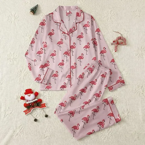 Women's Vibrant Bubblegum Pink Flamingo Flat Vector Seamless Pattern on Deep Black Satin Pajamas Set