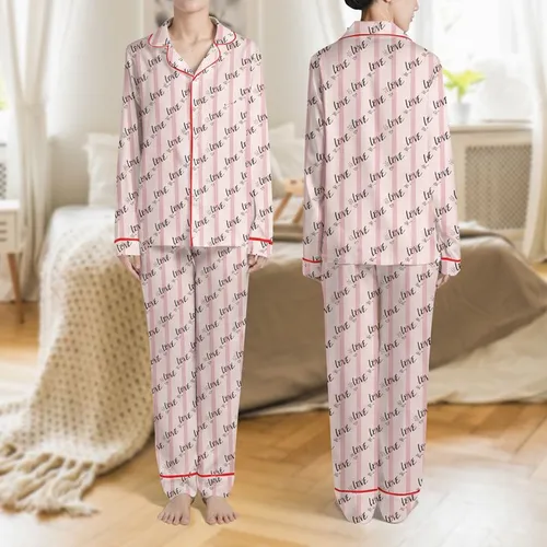 Women's Soft Pink Tone-on-Tone Striped Pattern with Black Script LOVE Hearts & Dot Clusters Satin Pajamas Set