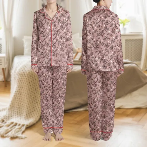 Women's Muted Dusty Rose Pink Abstract Botanical Line Art Seamless Pattern with Cream Dots Satin Pajamas Set