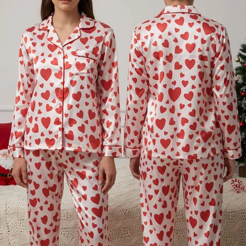 Women's Whimsical Hand-Drawn Deep Crimson Red Scattered Heart Pattern White Background Satin Pajamas Set
