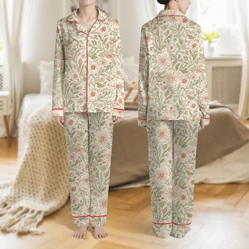 Women's Delicate Illustrative Floral Pattern Soft Cream Dusty Rose Olive Green Aesthetic Satin Pajamas Set